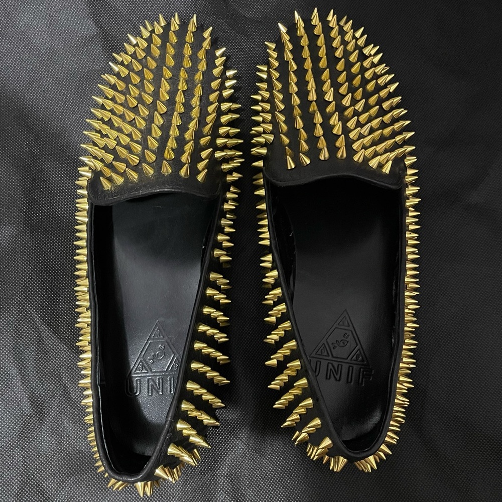 UNIF Hellraiser Gold Spiked Leather Loafers